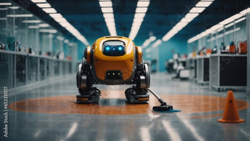 Robot cleans big room, office or laboratory. Professional robot cleaner robotic janitor. Artificial intelligence technology concept