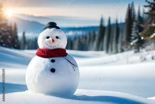 Realistic snowman smiling standing in snow near spruce trees. Cute new year, christmas holiday character smiling in red mittens scarf and hat © Hammad