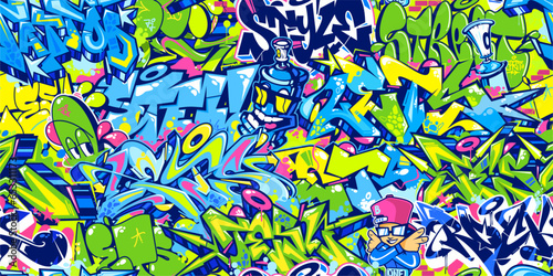 Seamless Abstract Urban Style Hiphop Graffiti Street Art Pattern. Vector Background Template