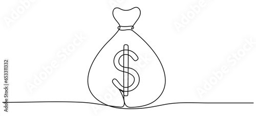 Money bag continuous one line drawing. Business dollar sign concept. Vector illustration isolated on white.