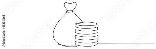 Money bag with coins stack continuous one line drawing. Business concept. Vector illustration isolated on white.