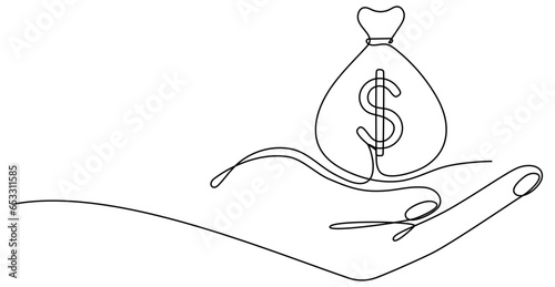 Hand holding money bag with coins stack continuous one line drawing. Business concept. Vector illustration isolated on white.