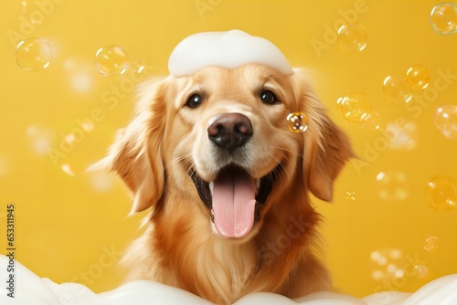 Happy Golden Retriever ​​in bath with foam and bubbles. Yellow Background. Great Banner Concept for Petshops