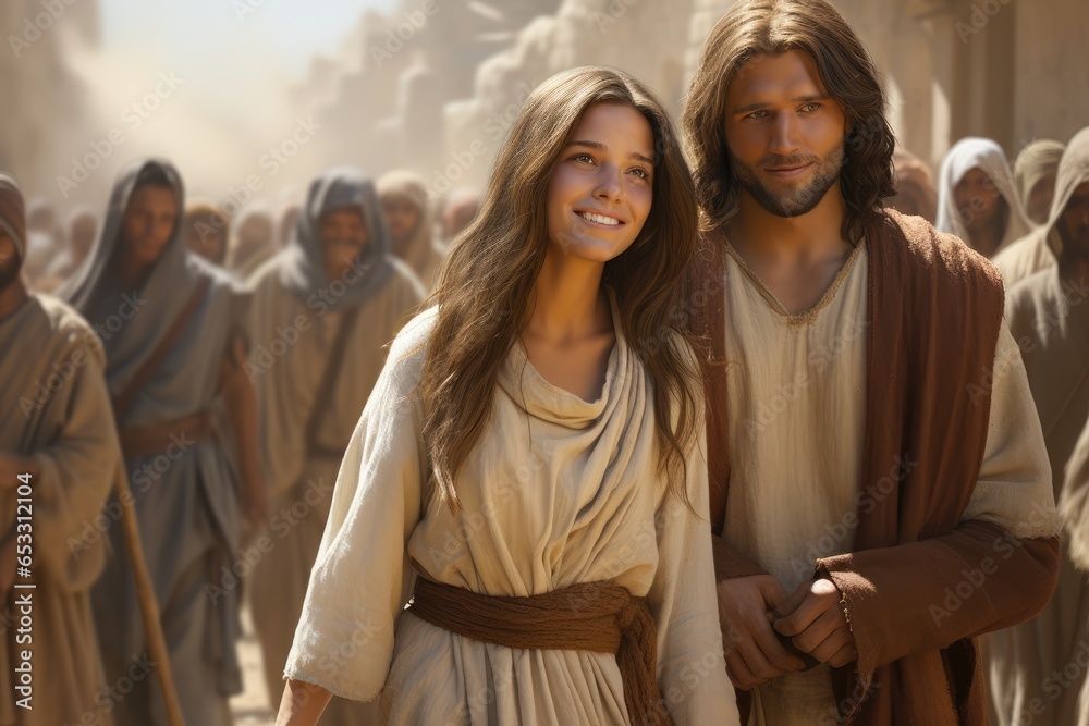 Jesus Christ travels with Mary Magdalene, distributing bread to the poor in need - obrazy, fototapety, plakaty 