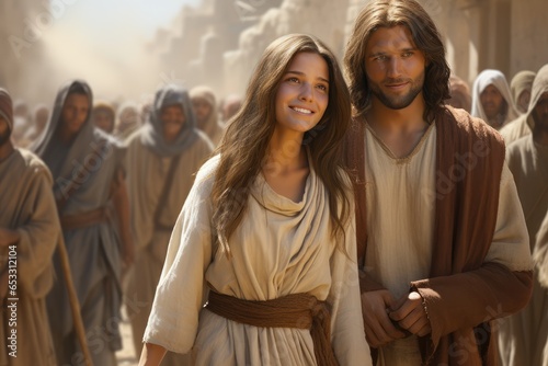 Jesus Christ travels with Mary Magdalene, distributing bread to the poor in need