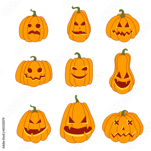 Set of halloween pumpkins with thin hand drawn stroke, funny and spooky faces. Autumn holidays. Illustration isolated on white background. Vector illustration EPS10.