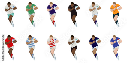 Rugby World Cup players running with the ball in different colored shirts and shorts vector illustrations