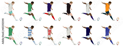 Rugby World Cup players kicking ball on a tee in different colored shirts and shorts vector illustrations