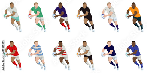 Rugby World Cup players passing the ball in different colored shirts and shorts vector illustrations