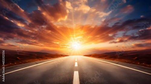 Journey down an endless highway that stretches straight forward into the horizon. The open road symbolizes limitless possibilities and the pursuit of one's dreams. With the sun in the background. photo