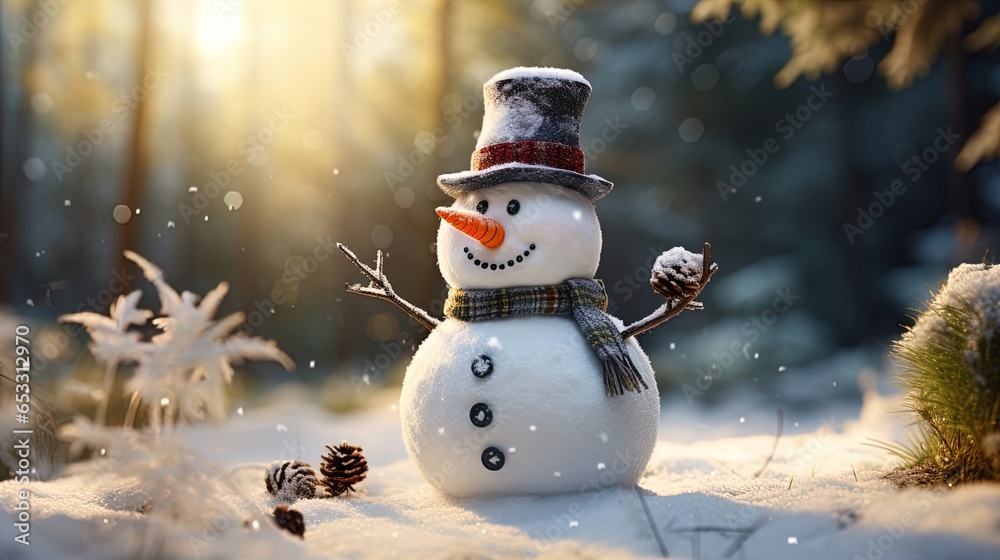 Obraz premium Cute Snowman in a Modern Christmas Scenery: Snowflakes and Pristine Landscapes Wallpaper in 8K created with generative ai technology