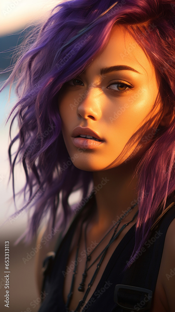 Portrait of Stunning Young Woman with Purple Hair Captured in Golden Hour and Natural Light, High-Quality Beauty Photography