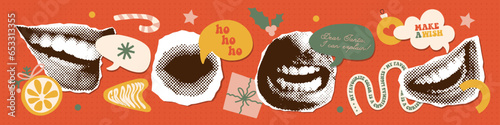 Vintage paper halftone stickers set with Christmas wishes. Collage style with doodle elements. Speech bubble with text and funny quotes. Vector trendy illustration collection.