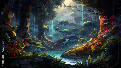 Fantasy and magical illustration of a tropical rainforest during the day. Cartoon style artwork. The atmosphere of the forest is foggy and mysterious.