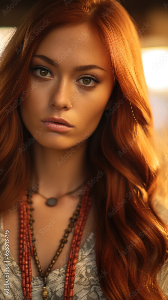 Portrait of Stunning Young Woman with Red Hair Captured in Golden Hour and Natural Light, High-Quality Beauty Photography