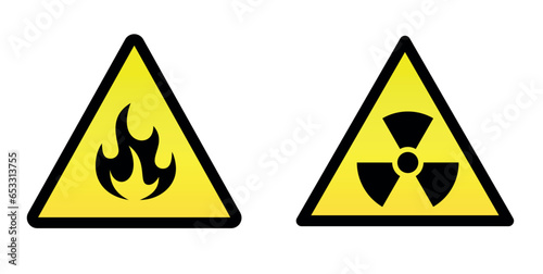 Two yellow signs of flammability and radioactive substance