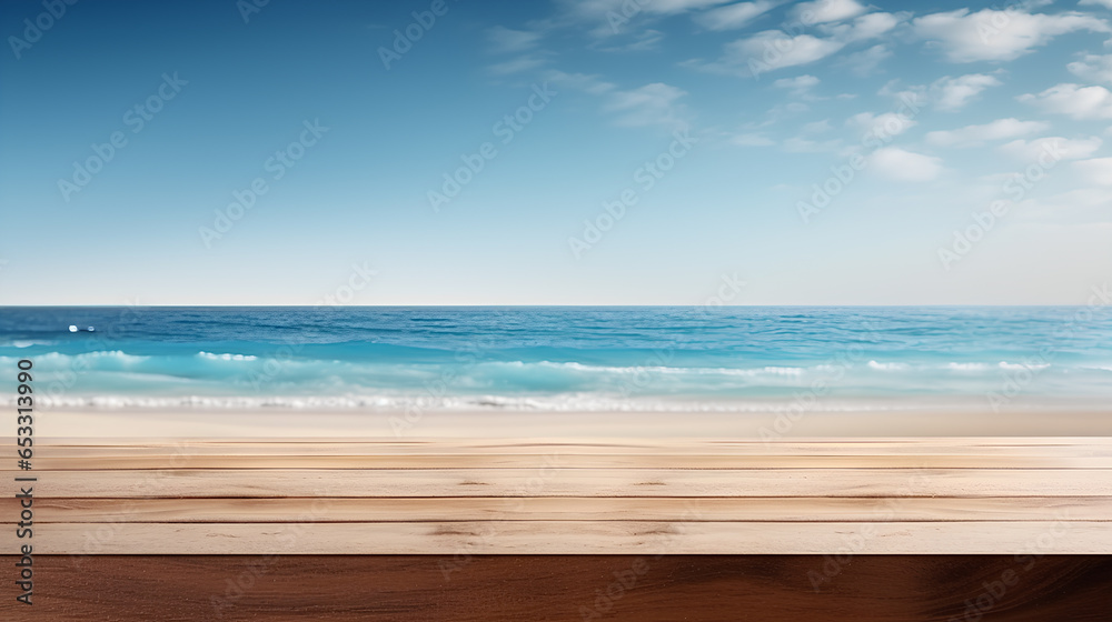 Empty wooden table top with blur background of the beach, use for display product.
Empty wooden table top with blur background of the beach, use for display product.