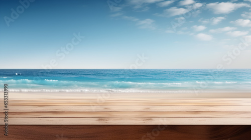 Empty wooden table top with blur background of the beach  use for display product. 