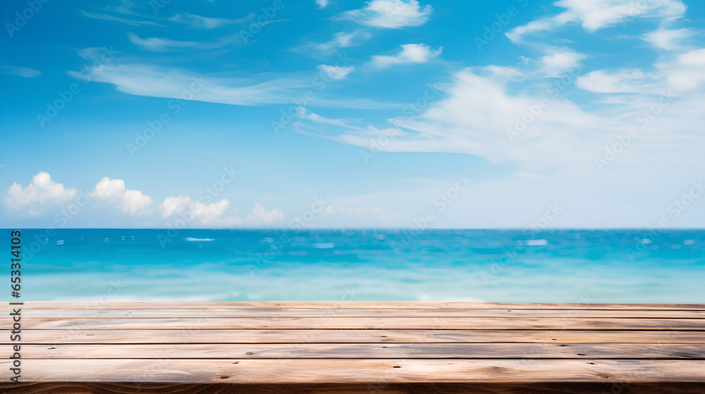 Empty wooden table top with blur background of the beach, use for display product.
