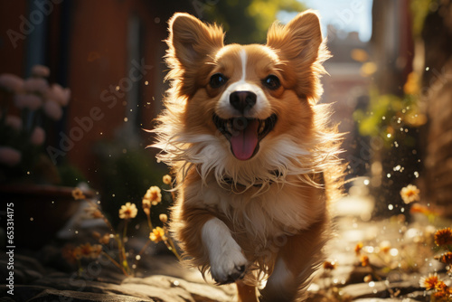 Happy dog walking at street at summer day. Crazy active pet jumping outdoors with positive emotion © Lazy_Bear