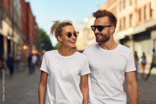 Street Style Chic: Playful Fashion Portrait of a Couple, Rocking Plain T-Shirt Mockups with Confidence.