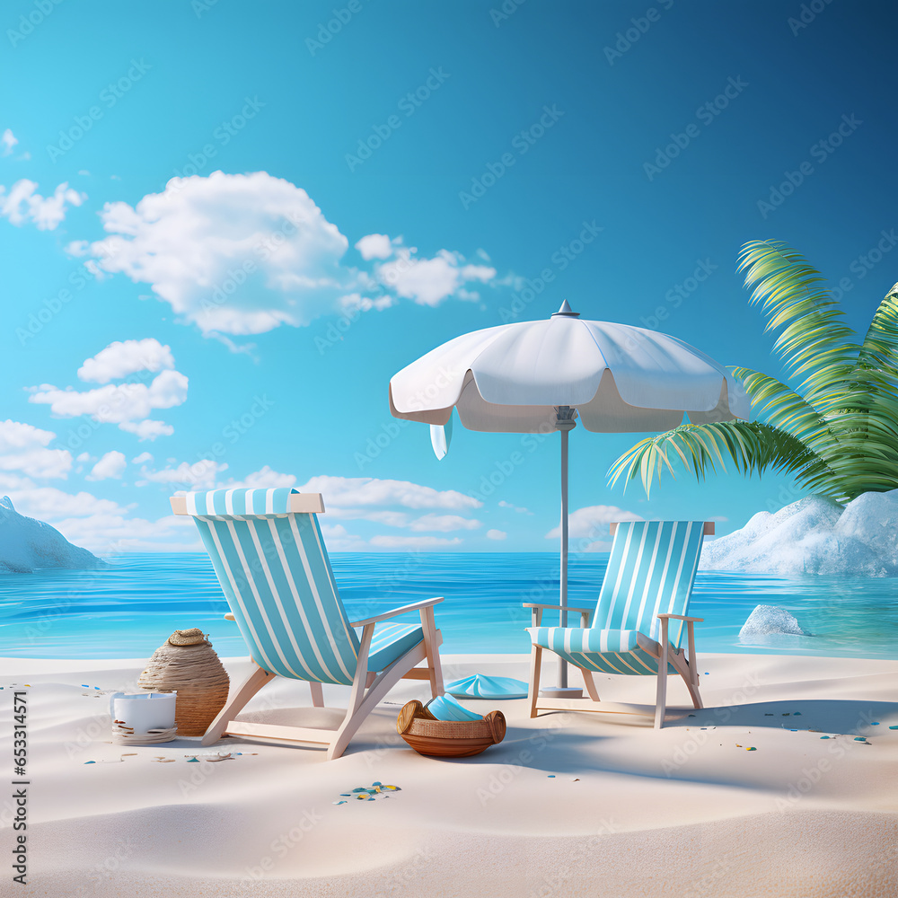Summer beach vacation scene with blue background. 3d rendering 