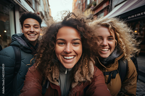 Selfie of cute young woman with curly hair with group of happy young college friends having fun together at autumn city outdoors