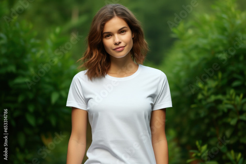 Designing in Style: Young Woman Wearing a Bella Canvas White Shirt Mockup Against a Vibrant Green Background. A Perfect T-Shirt Template for Print Presentation Mock-Up.