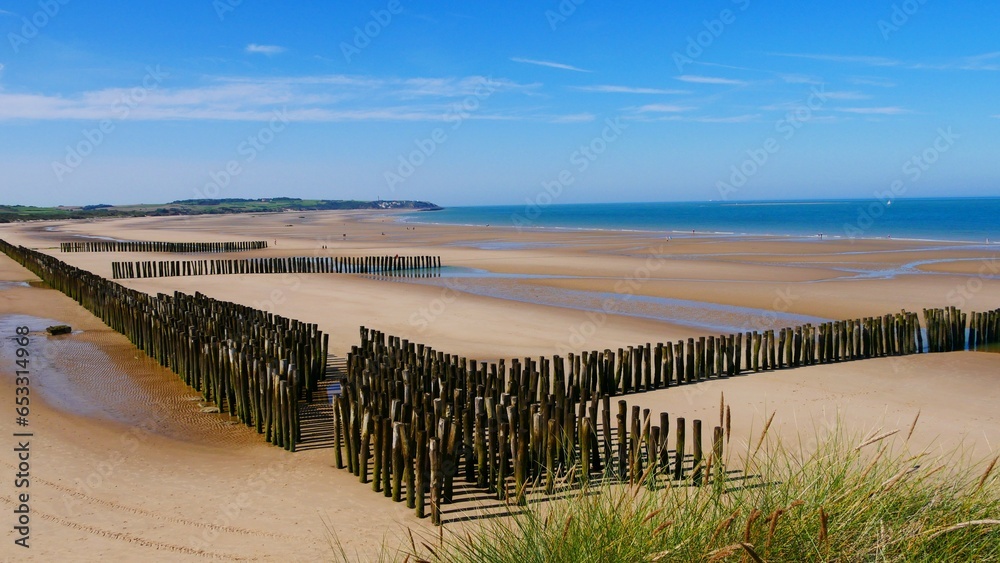 Pieux en bois anti-érosion pour retenir le sable sur la plage de Wissant en bord de Manche sur la Côte d'Opale en France