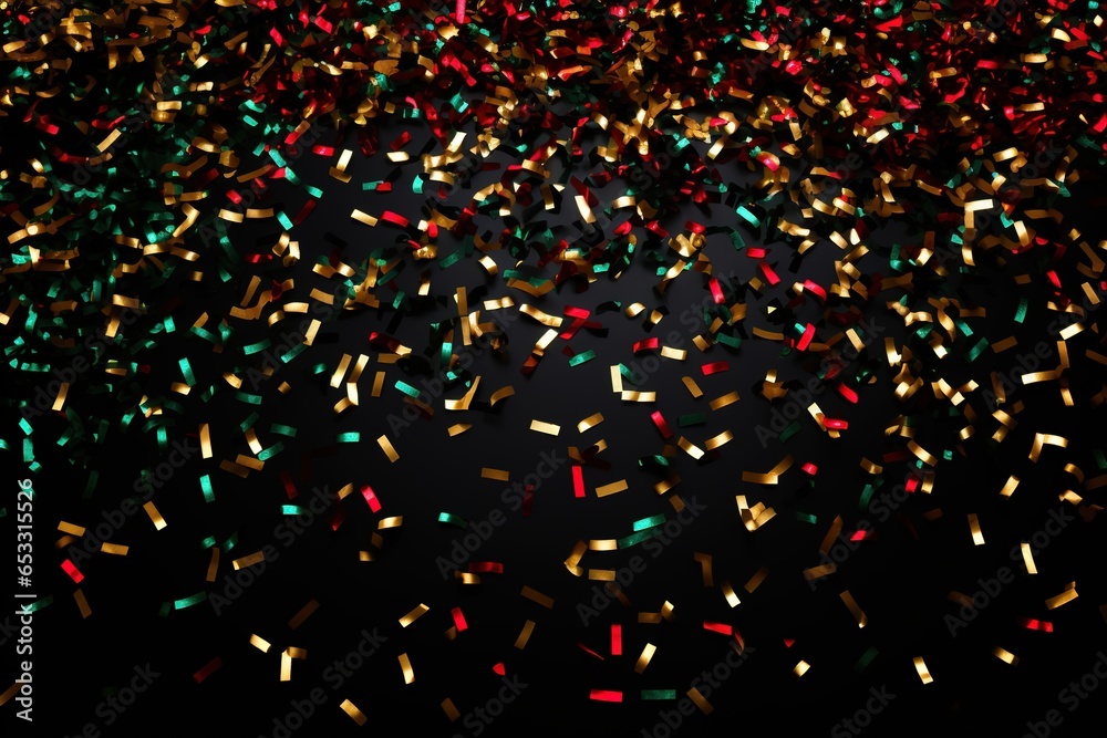 falling golden red green metallic glitter foil confetti on black background, gold holiday and festive Christmas background. - obrazy, fototapety, plakaty 