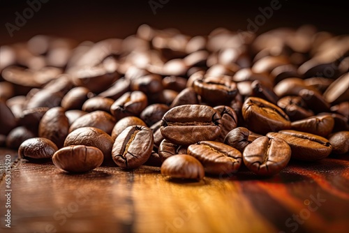 Rich aroma. Close up of freshly roasted coffee beans. Morning energy. Allure dark roast. Vintage table fresh beans. From crop to cup
