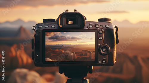 Close-up of a digital camera photographing the desert. The background of the landscape, clear sky. Camera and technology concept. Design for cards, posters and banners. AI generated