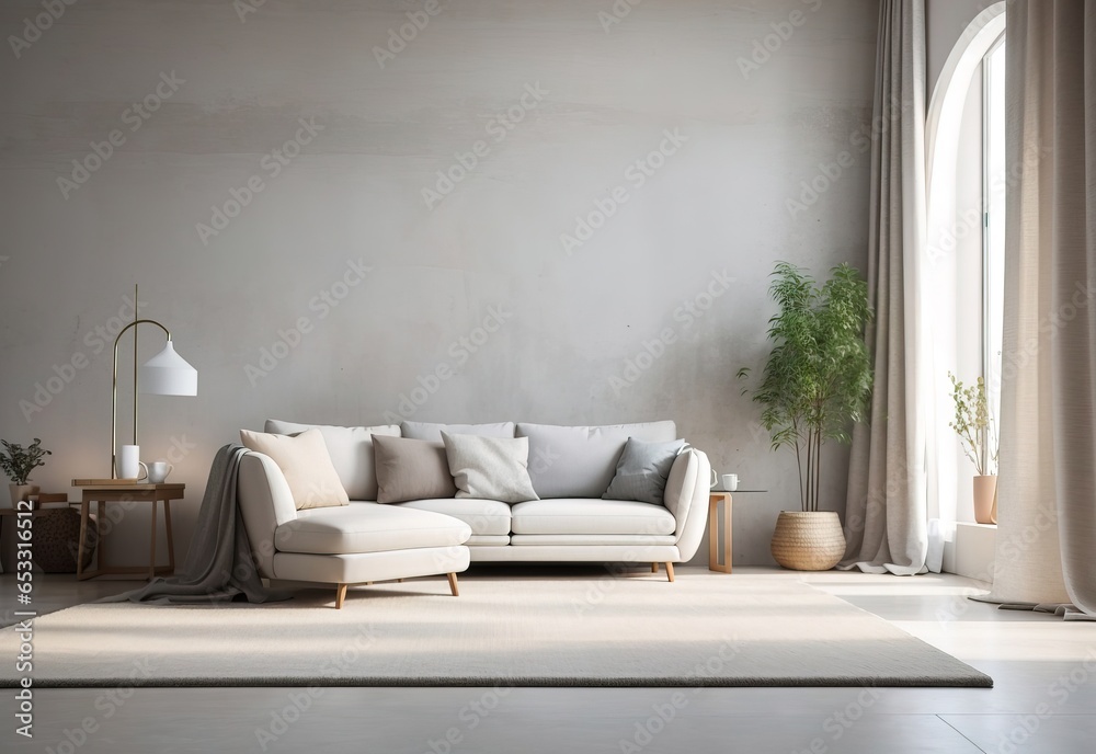 Fototapeta premium Living room interior mockup with carpet, white chair, and curtain