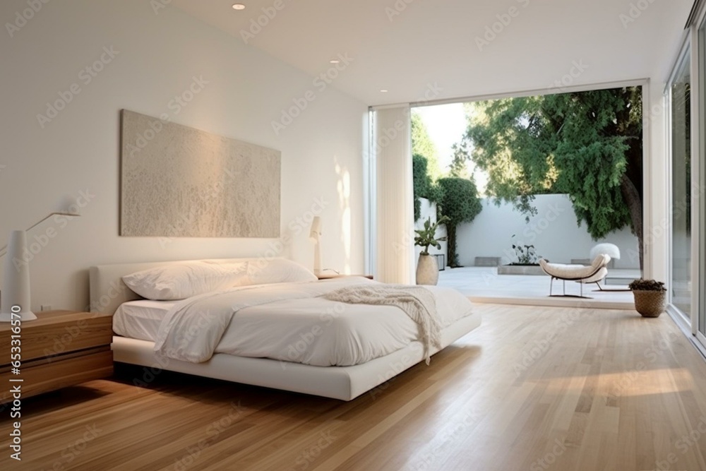 Sleek, simple bedroom in a spacious house, featuring a clean and bright design in white. Generative AI