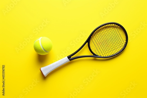 Tennis racket and ball on yellow background. Front view. Illustration. Generative AI © Kenneth