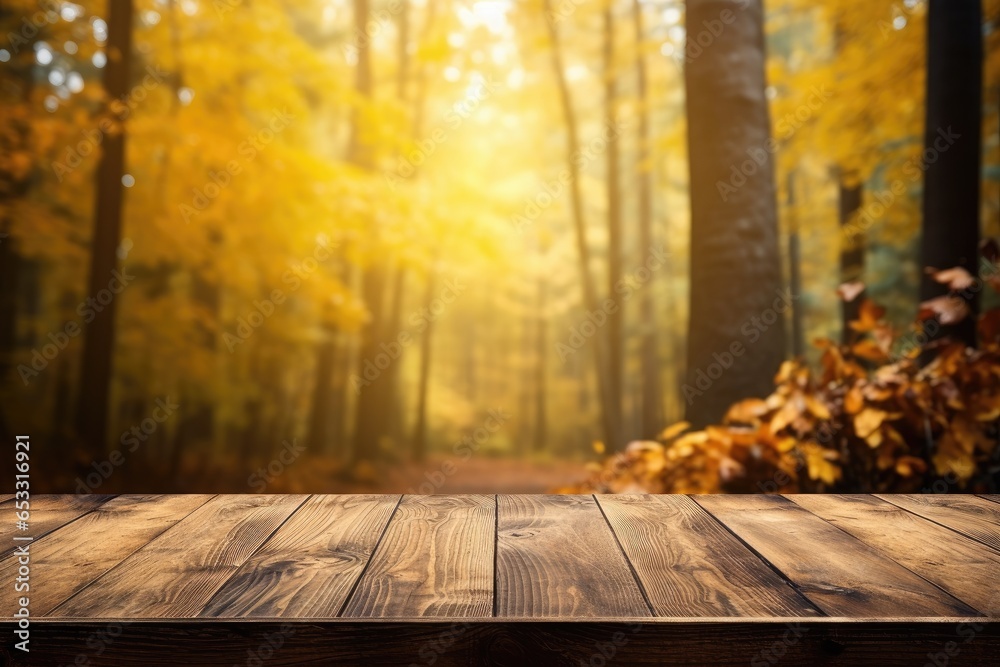 autumn natural wooden table in autumn forest scenery backgrounds Generative AI