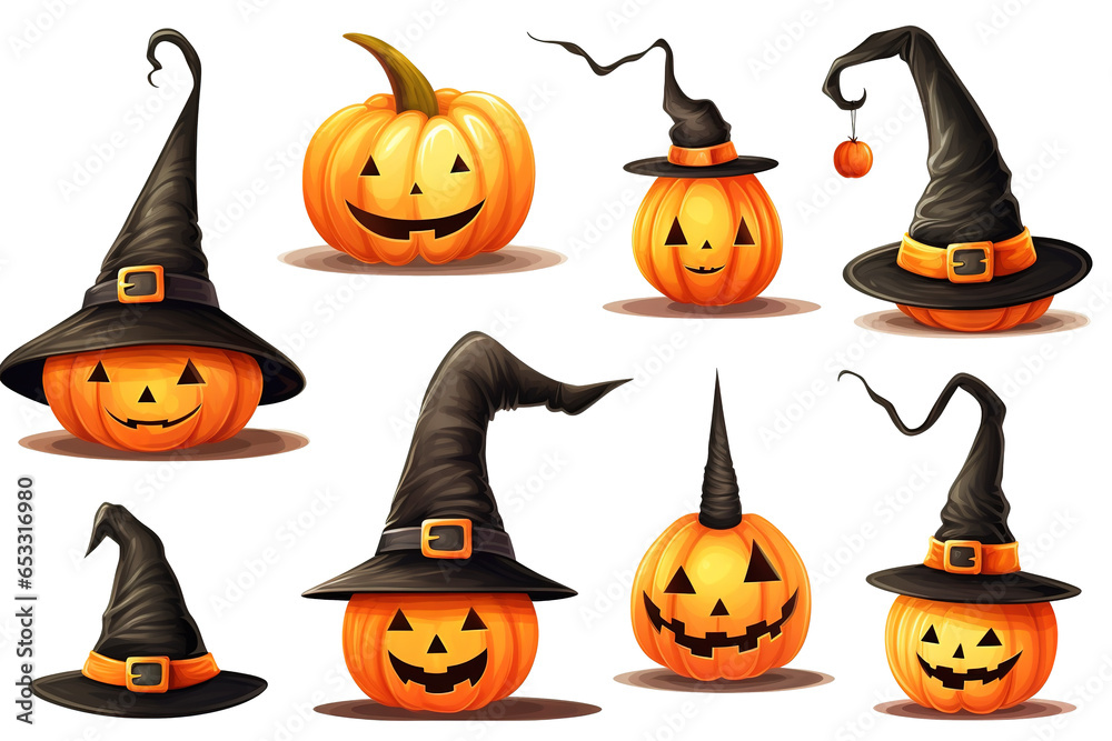 Big set of Halloween pumpkin, witches hat, jack o lantern on without background, png Big set of Halloween pumpkin, witches hat, jack o lantern on without background, png