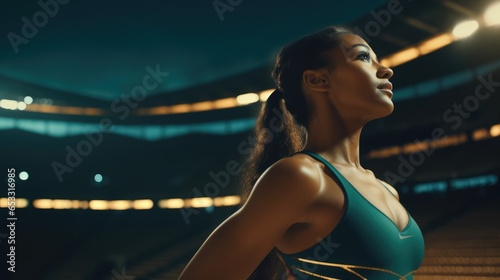 Portrait of a beautiful sportswoman in the stadium at night photo