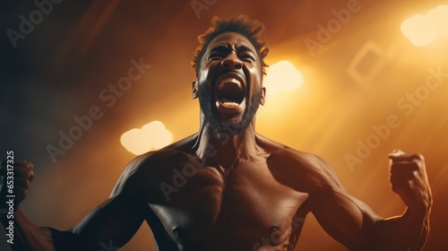 Athletic man celebrating on stage with spotlights