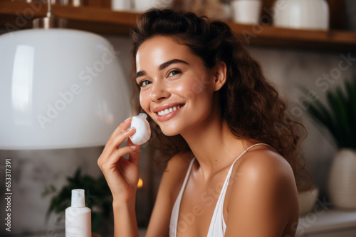 attractive beautiful skincare woman caring for her clear skin applying moisturizer cream serum on face The concept of beauty and spa treatments.