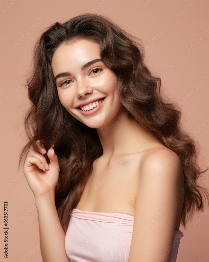 attracctive beautiful femal girl with natural makeup and wavy hair on a beige background beauty face aesthetic and medical health care concept attracctive beautiful femal girl with natural makeup and wavy hair on a beige background beauty face aesthetic and medical health care concept