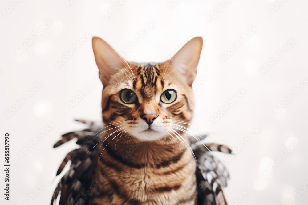 bengal cat wearing a fairy wings harness against a white background bengal cat wearing a fairy wings harness against a white background