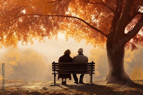 elderly couple in the park on a bench