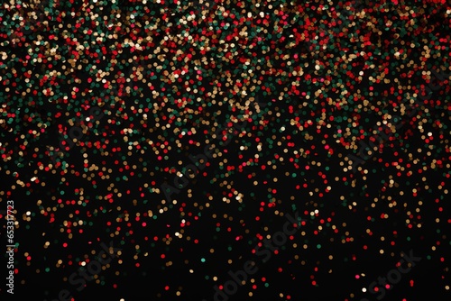 falling golden red green metallic glitter foil confetti on black background, gold holiday and festive Christmas background. photo