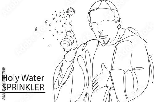 Hand-Drawn Holy Water Bowl and Sprinkler - Religious Art, Consecration with Holy Water - Church Holiday Sketch Drawing, Church Ritual: Blessing with Holy Water - Line Art