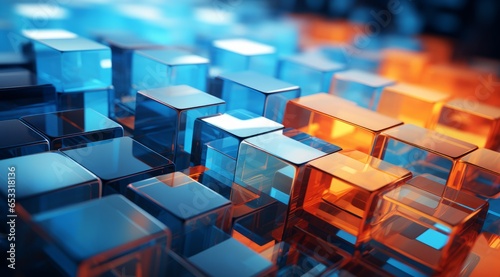 Abstract 3D Cubes in Blue and Orange with Reflections