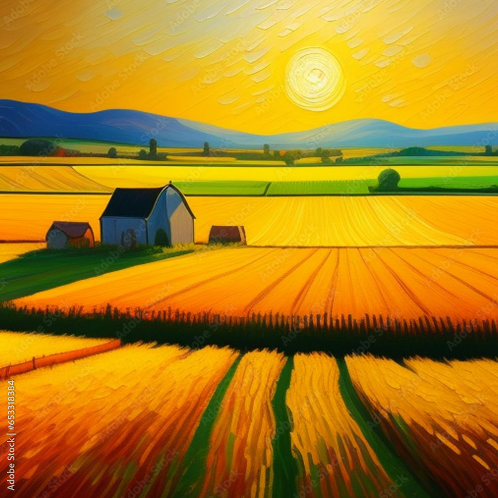 Fototapeta premium Impressionism painting style of rural farmland at dawn or dusk. Generative AI