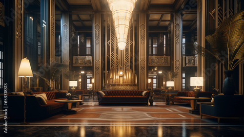 Art Deco inspired hotel lobby. Vintage glamour. A space echoing the grandeur of the past with modern day opulence