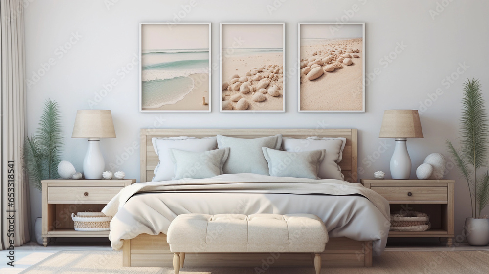 Obraz premium Coastal-themed bedroom with seashell decor. Seaside slumber. A serene chamber capturing the essence of the ocean's calm and beauty