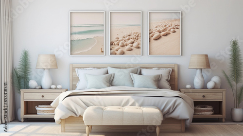 Coastal-themed bedroom with seashell decor. Seaside slumber. A serene chamber capturing the essence of the ocean's calm and beauty